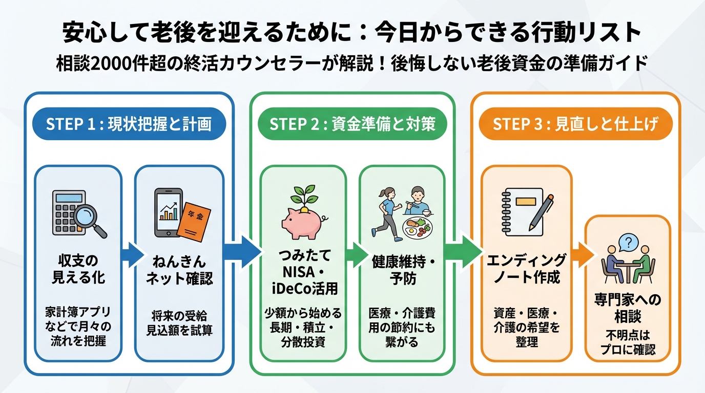 老後資金 安心して老後を迎えるために：今日からできる行動リスト