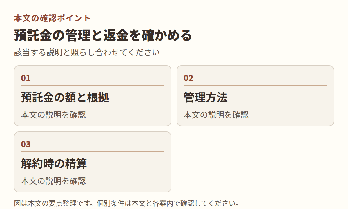 図：本文「預託金の管理と返金を確かめる」の項目「預託金の額と根拠」「管理方法」「解約時の精算」を整理した図。